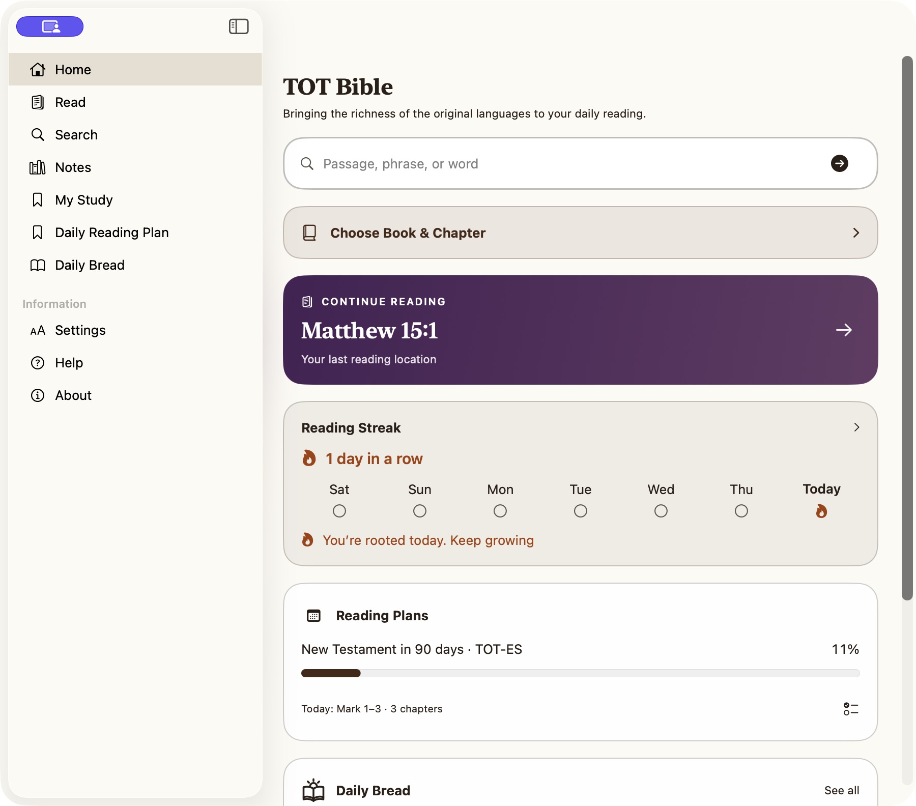 TOT Bible Mac app preview with Scripture search, reading, notes, and study navigation