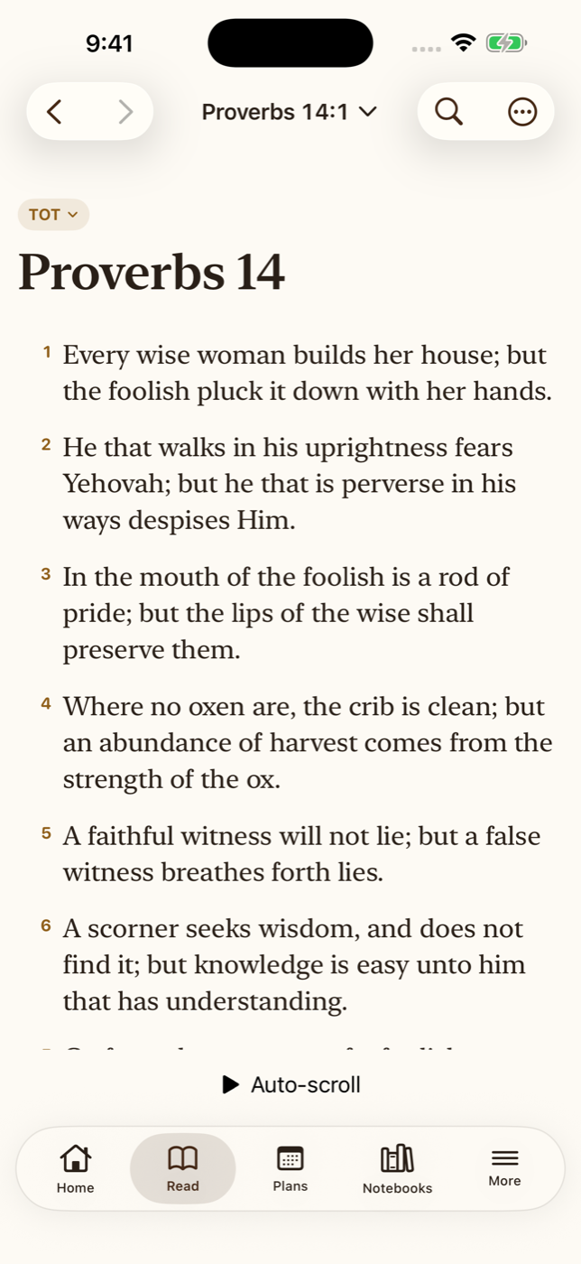 The TOT Bible app displaying a Scripture reading